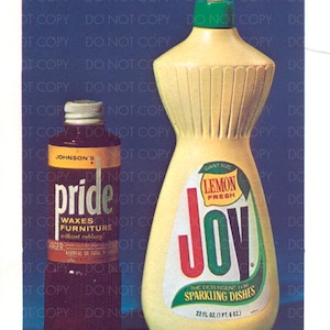 May include: A vintage advertisement featuring two bottles of cleaning products. The bottle on the left is brown and labeled "Johnson's Pride Waxes Furniture without rubbing". The bottle on the right is yellow and labeled "Giant Size Lemon Fresh Joy The Detergent for Sparkling Dishes 22 fl. oz. (1 pt. 6 oz.)".