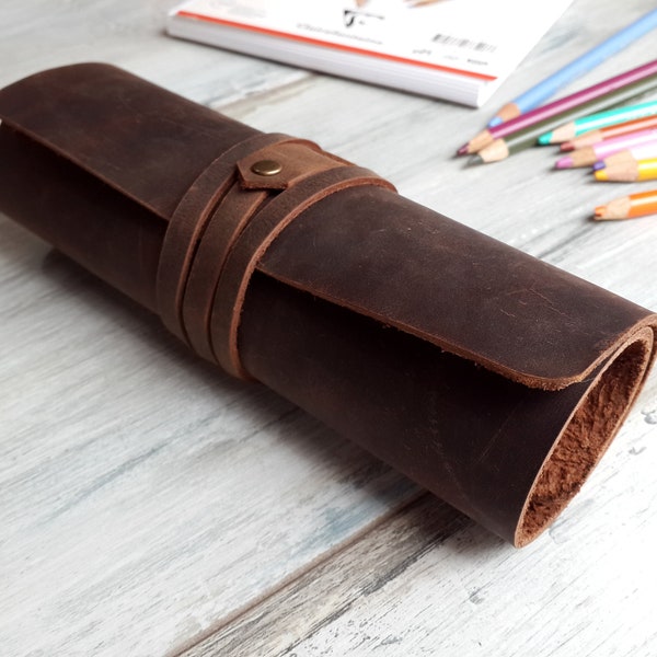 Brown Leather Pencil Roll Case Leather Pencil Box Leather Wrap Pencil Case Sketching Pencils Case Drawing Pencils Case