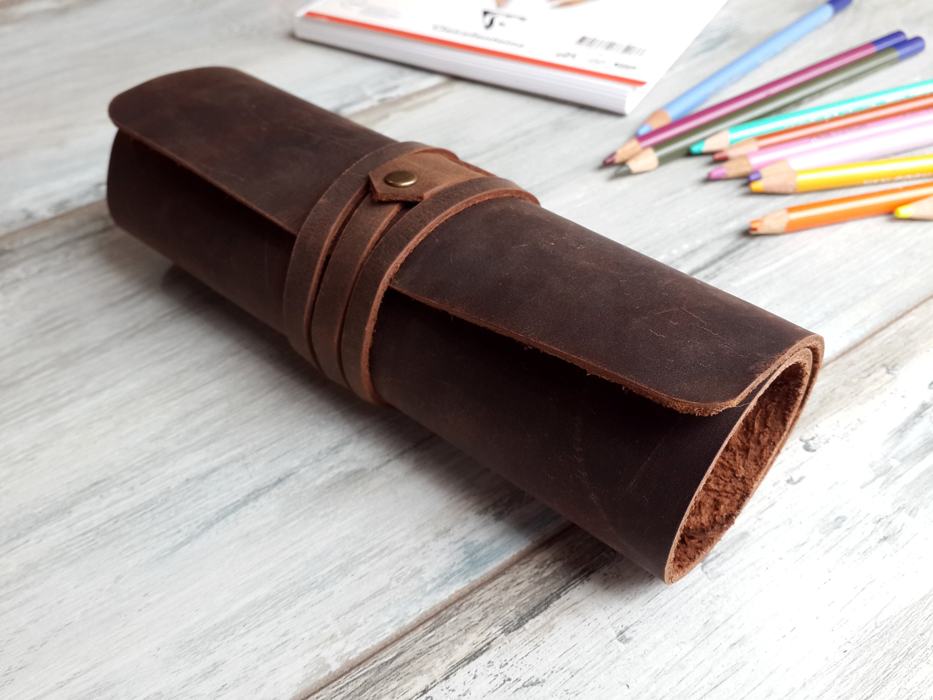 Leather Pen & Pencil Roll  Multifunctional Roll-Up Case (Miel