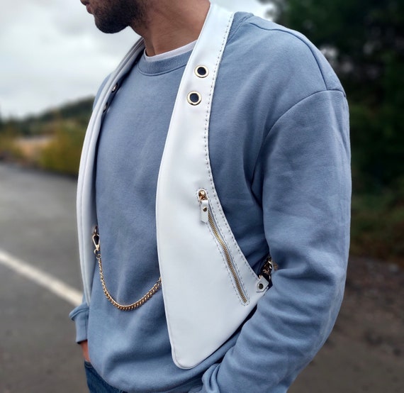 White Leather Vest Bag Leather Vest for Rider Shoulder Bag