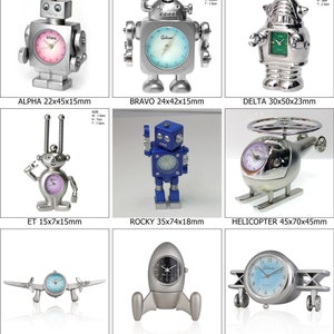 May include: A collection of silver and blue robot, helicopter, and aeroplane clock figurines. The clocks are all in different sizes and styles, and they are all made of metal. The clocks are all set to different times.