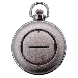 May include: A silver pocket watch with a round face and a single hand. The watch has a textured surface and a loop at the top for attaching a chain.