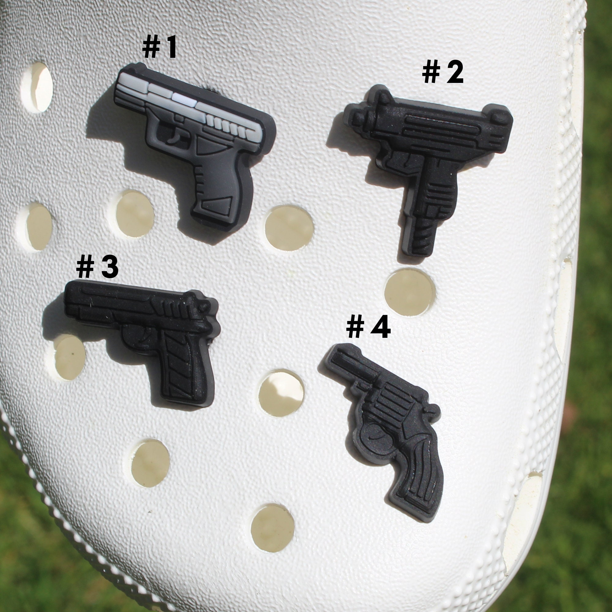 Gun croc charms , pistol croc charms, clog charms