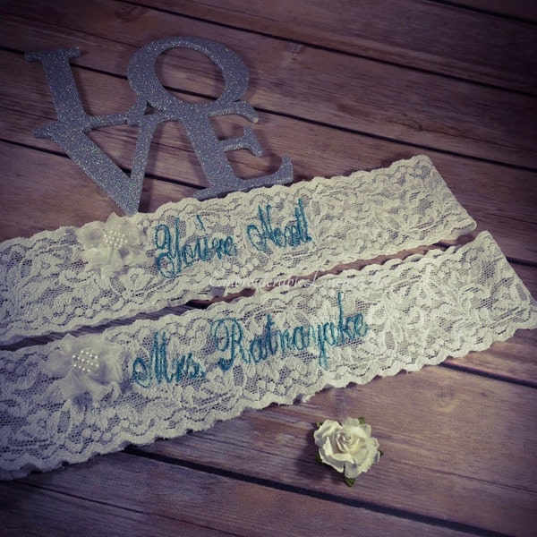 Wedding Garter Set, Embroidered in your choice of Thread Color, Font, Personalized Words, included Toss Garter and free optional Chiffon