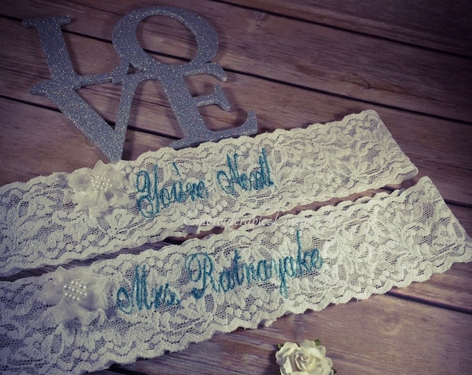 Wedding Garter Set, Embroidered in your choice of Thread Color, Font, Personalized Words, included Toss Garter and free optional Chiffon