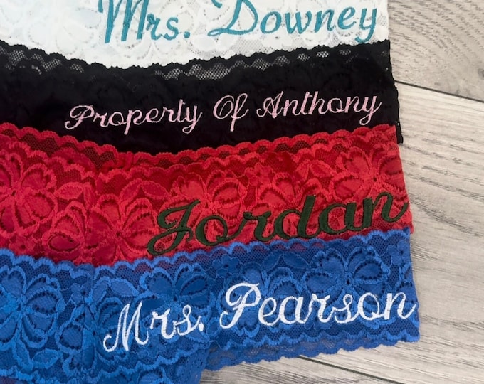 Wedding Lace thong- You Choose Your Color Thong, Font, Thread Color, Words or Name. Great Wedding Night, Bride, Personalized, Gift for Her!