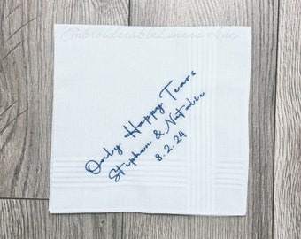 Only Happy Tears- Wedding Handkerchief- Embroidered in your choice of Thread Color, Can be Personalized. The Perfect Wedding Keepsake/Favor.