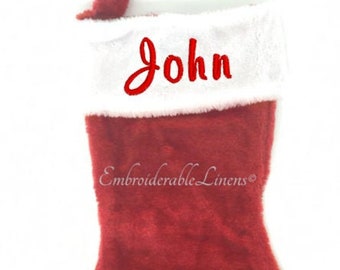 Christmas Stocking -Plush,Premium Classic Red and White, Embroidered With Your Name In your Choice of Color Thread. A Family Christmas Gift!