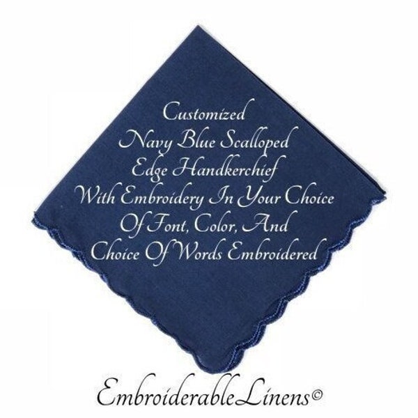 Navy Blue Wedding Handkerchief, Your Words, Choice of Font, Color for Embroidery. Groom Gift, Something Blue, Dad, Personalized Handkerchief