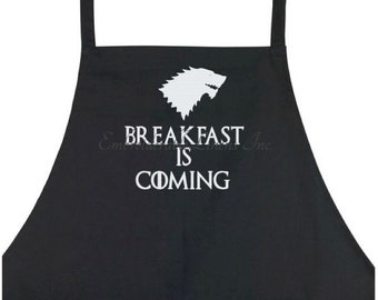 Breakfast Is Coming - Apron by Embroiderablelinens. Embroidered in your choice of color. Makes a great gift!