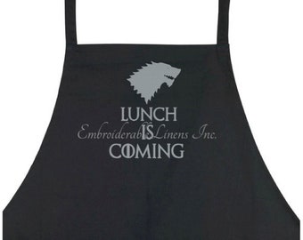 Lunch Is Coming - Apron by Embroiderablelinens. Embroidered in your choice of color. Makes a great gift!