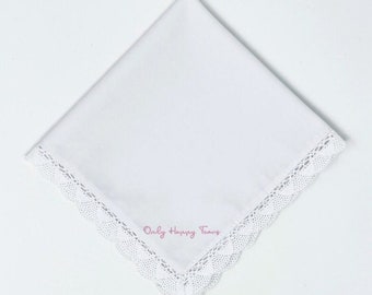 Lace Only Happy Tears Handkerchief- Choice of Thread for Embroidery, Personalize It!. Wedding Keepsake, Mom Gift, Bridesmaids, Bride Gift.