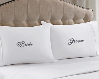 Juego de fundas de almohada Queen bordadas para novios, algodón blanco suave