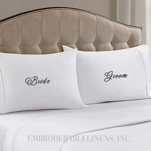 Besticktes Braut/Bräutigam Königin Kissenbezug Set, Weicher Weißer Baumwolle