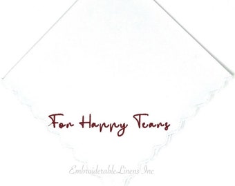 Embroidered Wedding Handkerchief – "For Happy Tears", Scalloped Edge