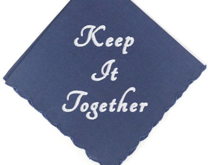 Keep It Together Handkerchief- Navy Scalloped Edge, In Your Choice of Thread Color for Embroidery. Personalized with Names a Date or Both!