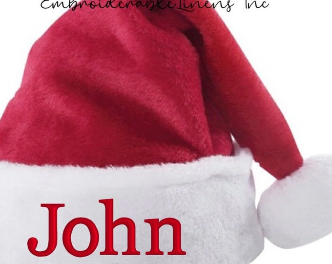Plush Premium Adult Santa Hat, Custom Santa Hats, Hats for Christmas, Embroidered Santa Hat, Christmas Decor, Choose from 4 Style Fonts.