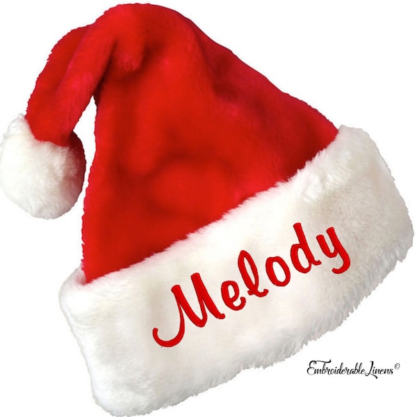 Personalized Embroidered Santa Hat- Plush Premium Classic Red And White- With Your Name Embroidered In Choice of Color Thread! (Adult Size)