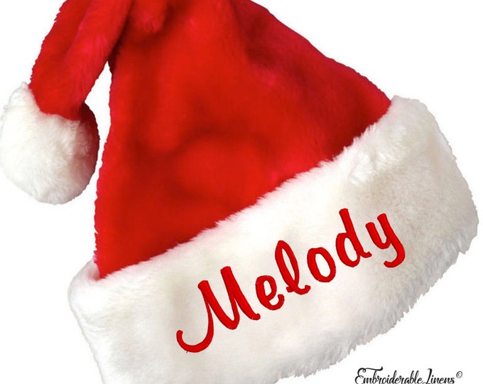 Personalized Embroidered Santa Hat- Plush Adult Premium Classic Red And White- With Your Name Embroidered In Your Choice of Color Thread!