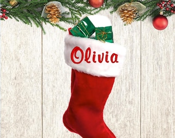 Christmas Stocking -Plush,Premium Classic Red and White, Embroidered With Your Name In your Choice of Color Thread. A Family Tradition Gift!