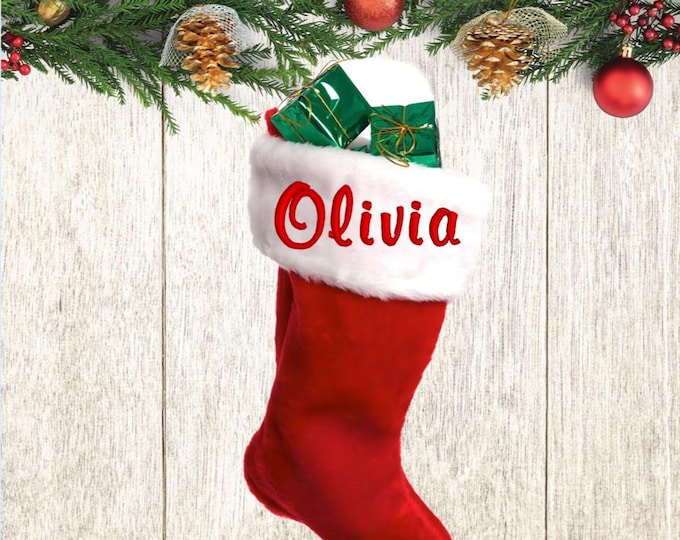 Christmas Stocking -Plush,Premium Classic Red and White, Embroidered With Your Name In your Choice of Color Thread. A Family Tradition Gift!