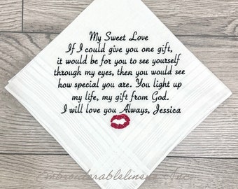 Wedding Handkerchief with your Lips- Choice of Font, Thread Color & Words Embroidered. Add Your Own Lips, Personalized Wedding Keepsake.