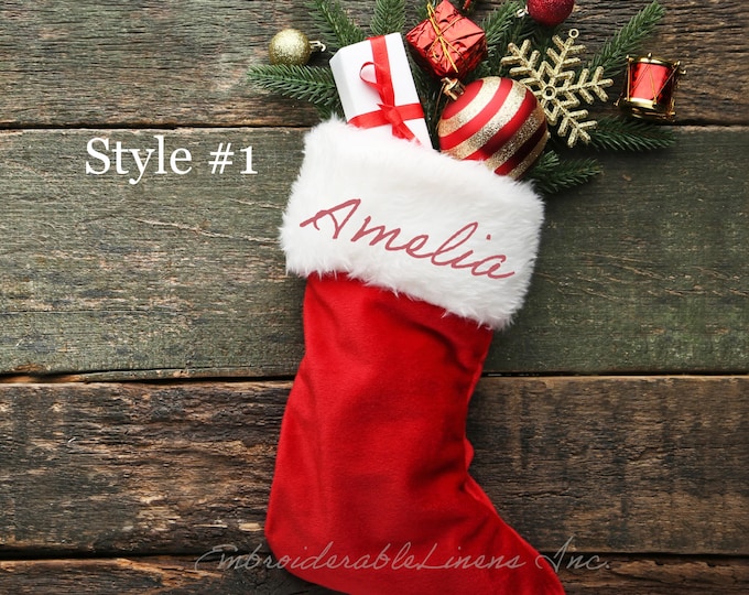 Christmas Stocking -Plush,Premium Classic Red and White, Embroidered With Your Name In your Choice of Color Thread. A Family Christmas Gift!