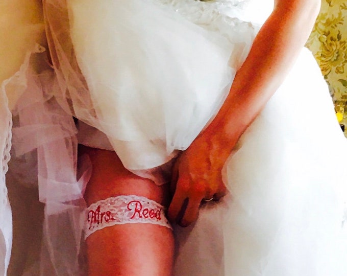 Wedding Garter Set, Embroidered in your choice of Thread Color, Font, Personalized Words, included Toss Garter and free optional Chiffon