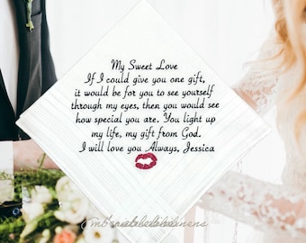 Wedding Handkerchief with your Lips- Choice of Font, Thread Color & Words Embroidered. Add Your Own Lips, Personalized Wedding Keepsake.