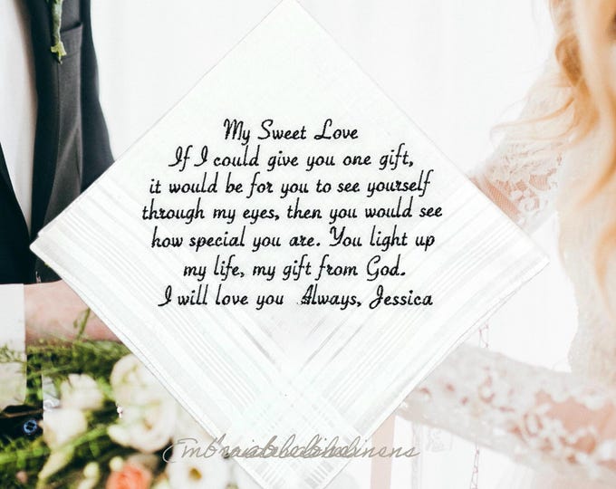 Personalized Wedding Handkerchief- Bride Gift- Groom Gift- Create Your Own - Choice of Font- Thread Color and Words Embroidered! Hankerchief