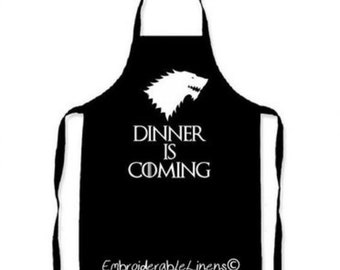 Dinner is coming apron by Embroiderablelinens. Embroidered in your choice of color. Makes a great gift!