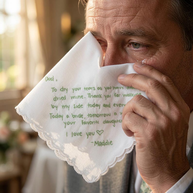 K&ouml;nnte beinhalten: Ein wei&szlig;es Stofftaschentuch mit gewelltem Rand und gr&uuml;ner Stickerei mit dem Text: Dad, To dry your tears as you have always dried mine. Thank you for walking by my side today and every day. Today a bride, tomorrow a wife, your favorite daughter. I love you - Maddie.