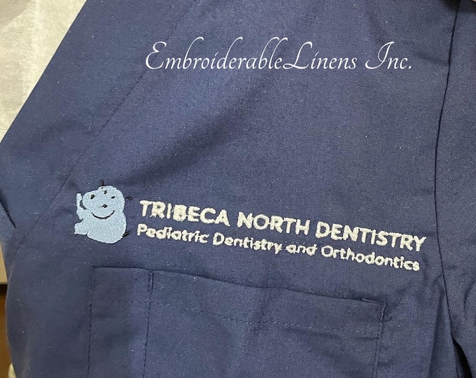 Custom Embroidered Scrub Set, in your choice of color thread, font, and up to 5 words. Custom Logo Available Contact Us For Quote!