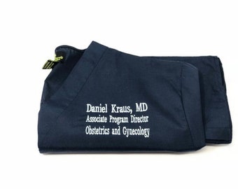 Custom Embroidered Scrub Set, in your choice of color thread, font, and up to 5 words. Custom Logo Available Contact Us For Quote!