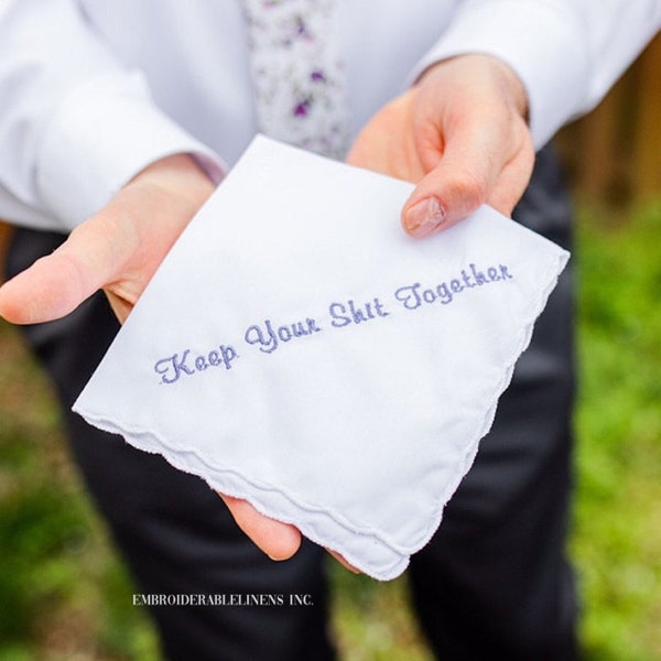 Keep Your Shit Together Wedding Handkerchief - Embroidered Cotton, Scalloped Edge