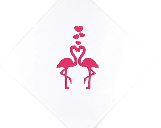 Flamingo Wedding Handkerchief, the Perfect Bridesmaid Gift, Wedding keepsake. By EmbroiderableLinens©
