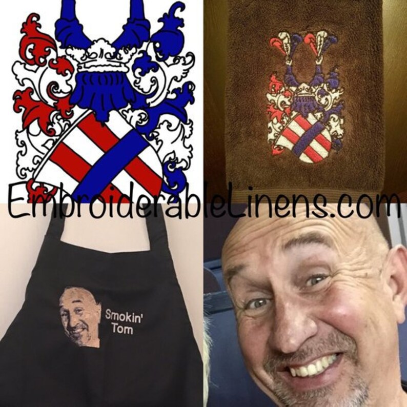 May include: A black apron with the text "Smokin' Tom" embroidered on the front. The apron is shown with a personalized embroidered crest on a brown towel.