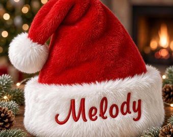 Personalized Embroidered Santa Hat – Plush Red and White, Adult Size