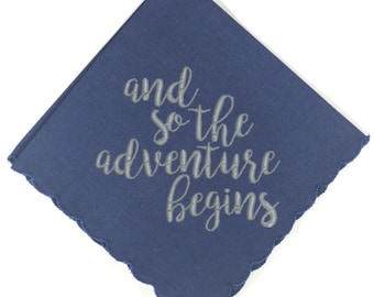 Wedding Handkerchief - Embroidered Navy Blue Scalloped Cotton