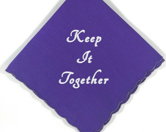 Purple Keep It Together- Wedding Handkerchief Keepsake in Your Choice of Thread Color for Embroidery (Mardi Gras) Add Names a Date or Both!