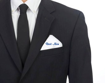 Mens Pocket Square- Grooms Gift, Best Man, Dad Wedding Gift. Choose your Words, Font, Thread Color. Great Everyday Wear or Wedding Accessory