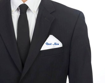 Mens Pocket Square- Groom Gift, Best Man, Dad Wedding Gift. Choose your Words, Font, Thread Color. Great Everyday Wear or Wedding Accessory.