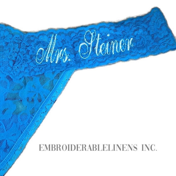 Personalized Lace thong, You choose your color Thong, Font, Thread Color, Words or Name. Great Wedding or Personal Gift.