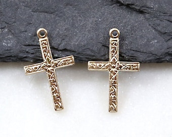 2 Pcs 14K Gold Filled Diamond Center Cross Charm, Cross Detailed Pendant 15mm x 10mm Crucifix, Religious Rosary Catholic Charm, Faith Charm