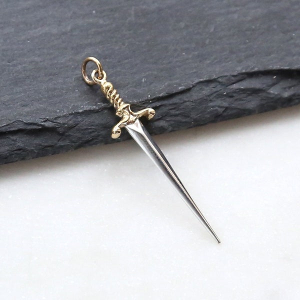Sterling Silver Medieval Knight’s Sword Dagger Knife Charm Halloween Pendant, Brass Handle, Long Sword Pendant, Weapon Charm 41mm x 10mm