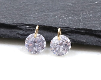 2 pcs 8mm Gold Filled Faceted CZ Drop Coin Charm Pendant, Cubic Zirconia, Earring Component, Dainty Minimal Delicate Charm, April Birthstone