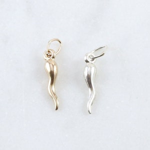 Tiny Italian Horn Charm Cornecello Good Luck Protector 14K Gold Filled or Sterling Silver Charm 15mm x 3mm - Gold or Silver Horn Charm