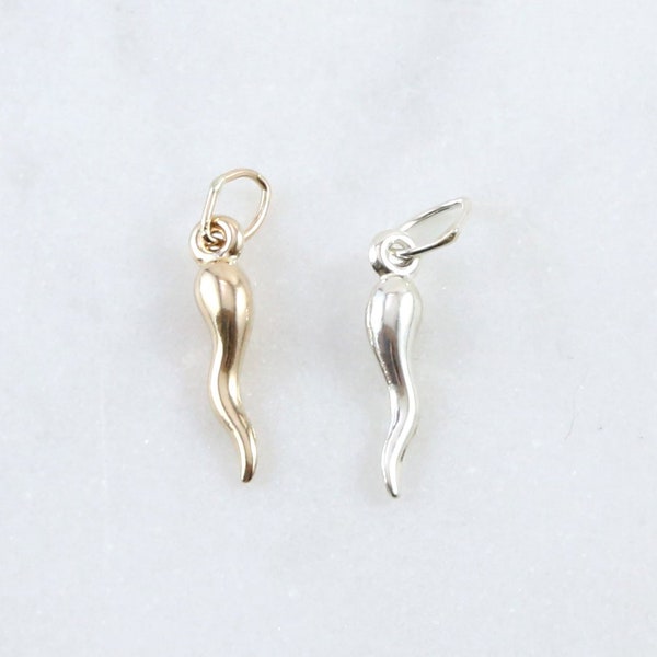 Tiny Italian Horn Charm Cornecello Good Luck Protector 14K Gold Filled or Sterling Silver Charm 15mm x 3mm - Gold or Silver Horn Charm