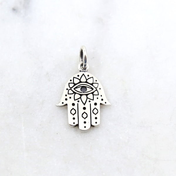 Sterling Silver Hamsa Pendant Hamsa Hand Charm Decorative Pretty Etched Religious Protection Pendant Dainty Silver Ancient Symbol .925