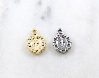 Tiny Mini Virgin Mother Mary Oval Religious Miraculous Medal Two Sided Charm Decorative Edge Vermeil Gold Oxidized Sterling Silver 10mm x 7m